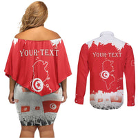 Personalised Tunisia Independence Day Couples Matching Off Shoulder Short Dress and Long Sleeve Button Shirt 69th Anniversary - Flag Map
