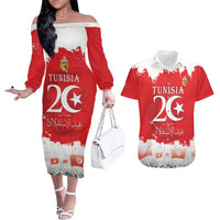 Personalised Tunisia Independence Day Couples Matching Off The Shoulder Long Sleeve Dress and Hawaiian Shirt 69th Anniversary - Flag Map