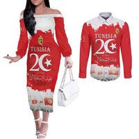 Personalised Tunisia Independence Day Couples Matching Off The Shoulder Long Sleeve Dress and Long Sleeve Button Shirt 69th Anniversary - Flag Map