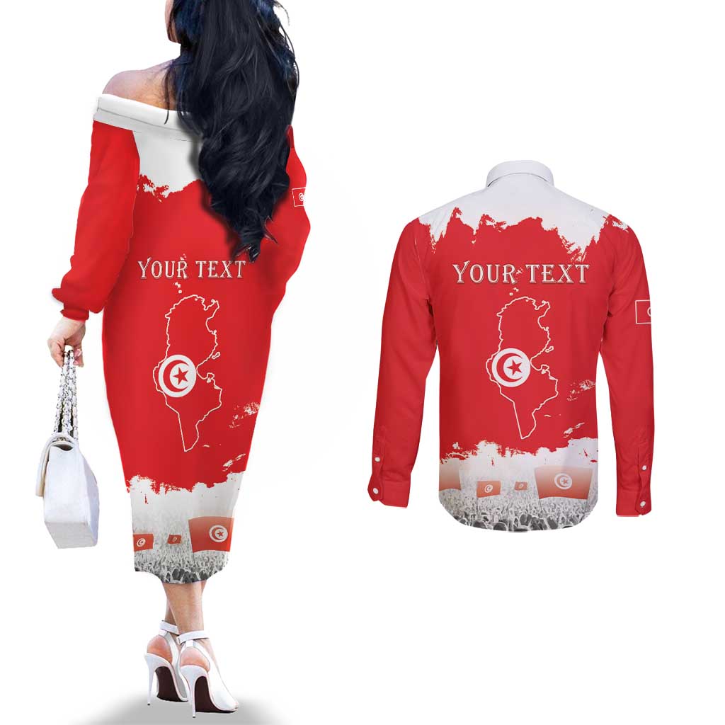 Personalised Tunisia Independence Day Couples Matching Off The Shoulder Long Sleeve Dress and Long Sleeve Button Shirt 69th Anniversary - Flag Map