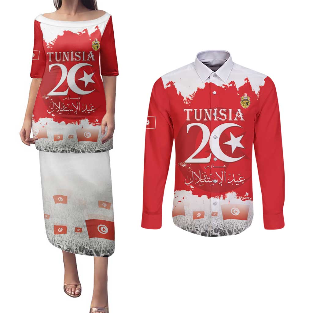 Personalised Tunisia Independence Day Couples Matching Puletasi and Long Sleeve Button Shirt 69th Anniversary - Flag Map