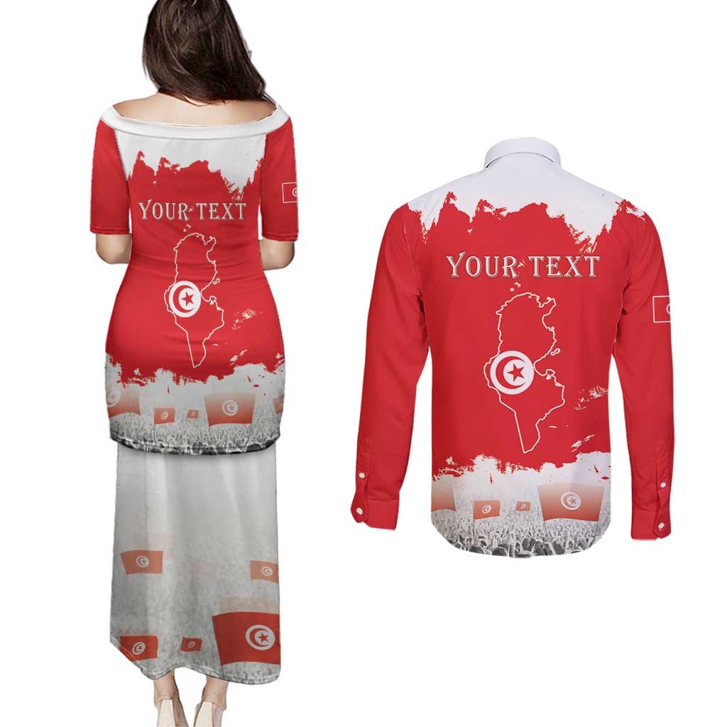 Personalised Tunisia Independence Day Couples Matching Puletasi and Long Sleeve Button Shirt 69th Anniversary - Flag Map