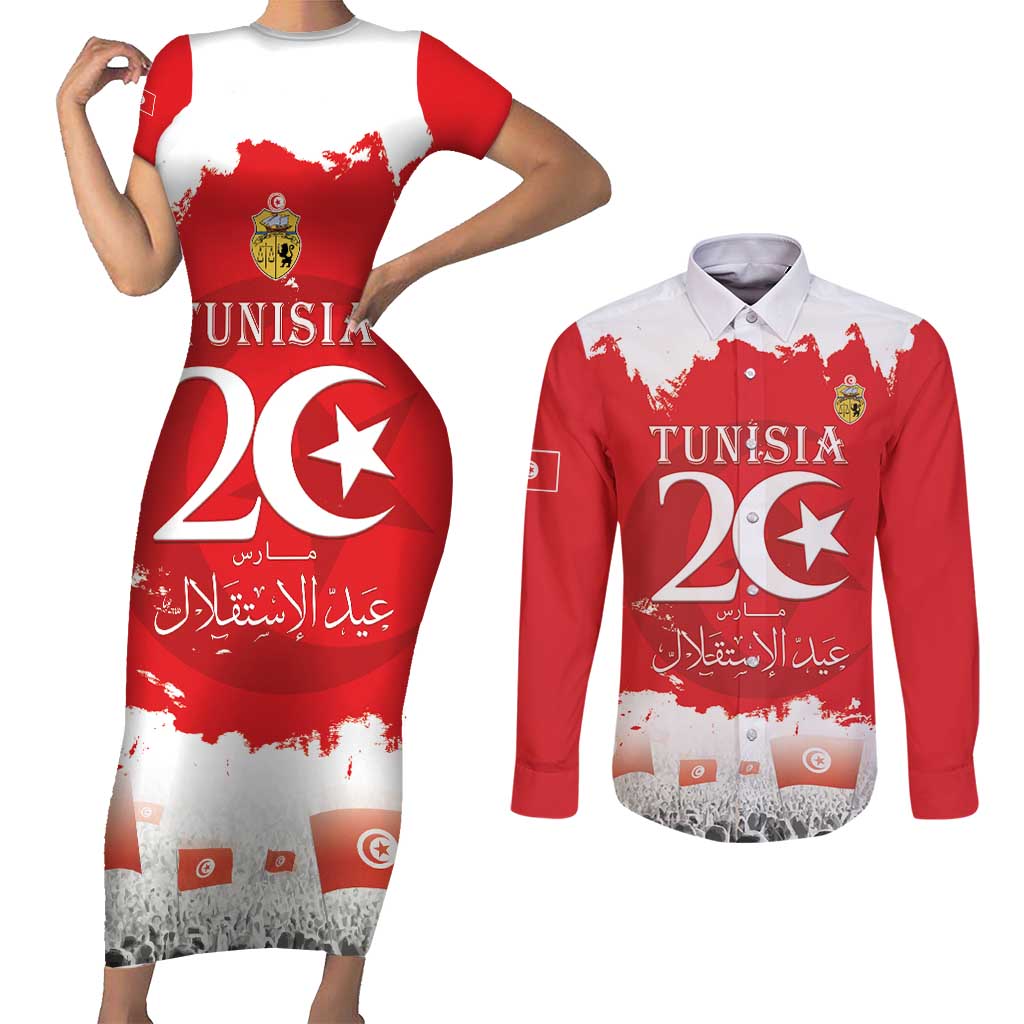 Personalised Tunisia Independence Day Couples Matching Short Sleeve Bodycon Dress and Long Sleeve Button Shirt 69th Anniversary - Flag Map