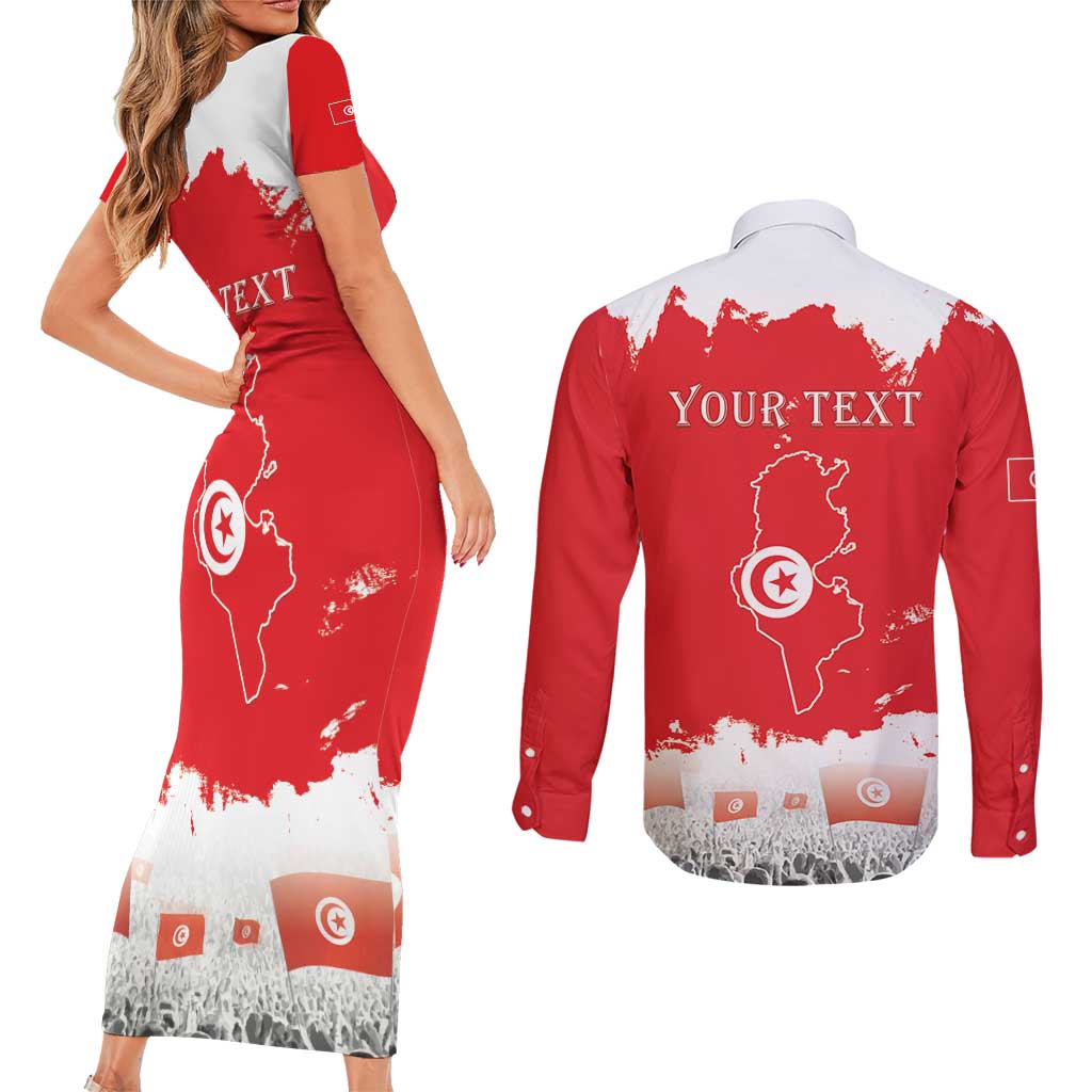 Personalised Tunisia Independence Day Couples Matching Short Sleeve Bodycon Dress and Long Sleeve Button Shirt 69th Anniversary - Flag Map