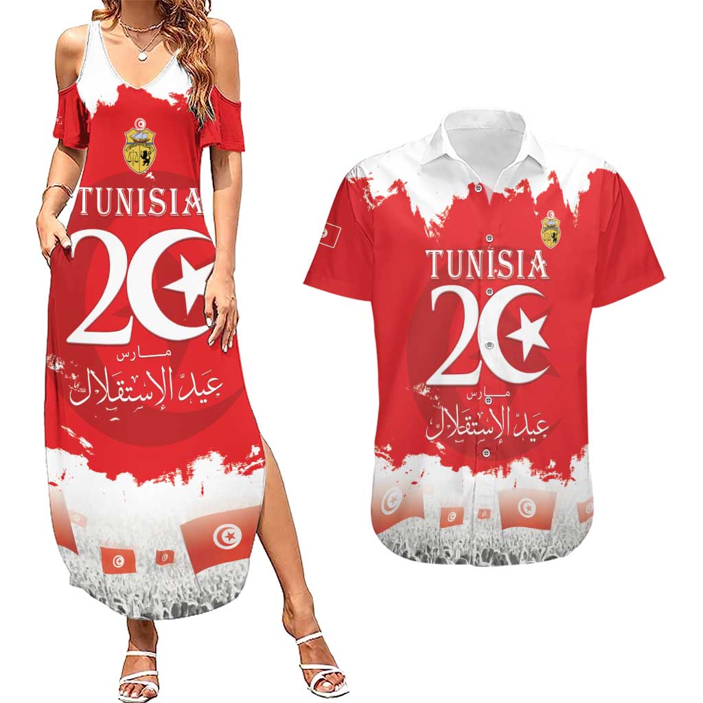 Personalised Tunisia Independence Day Couples Matching Summer Maxi Dress and Hawaiian Shirt 69th Anniversary - Flag Map