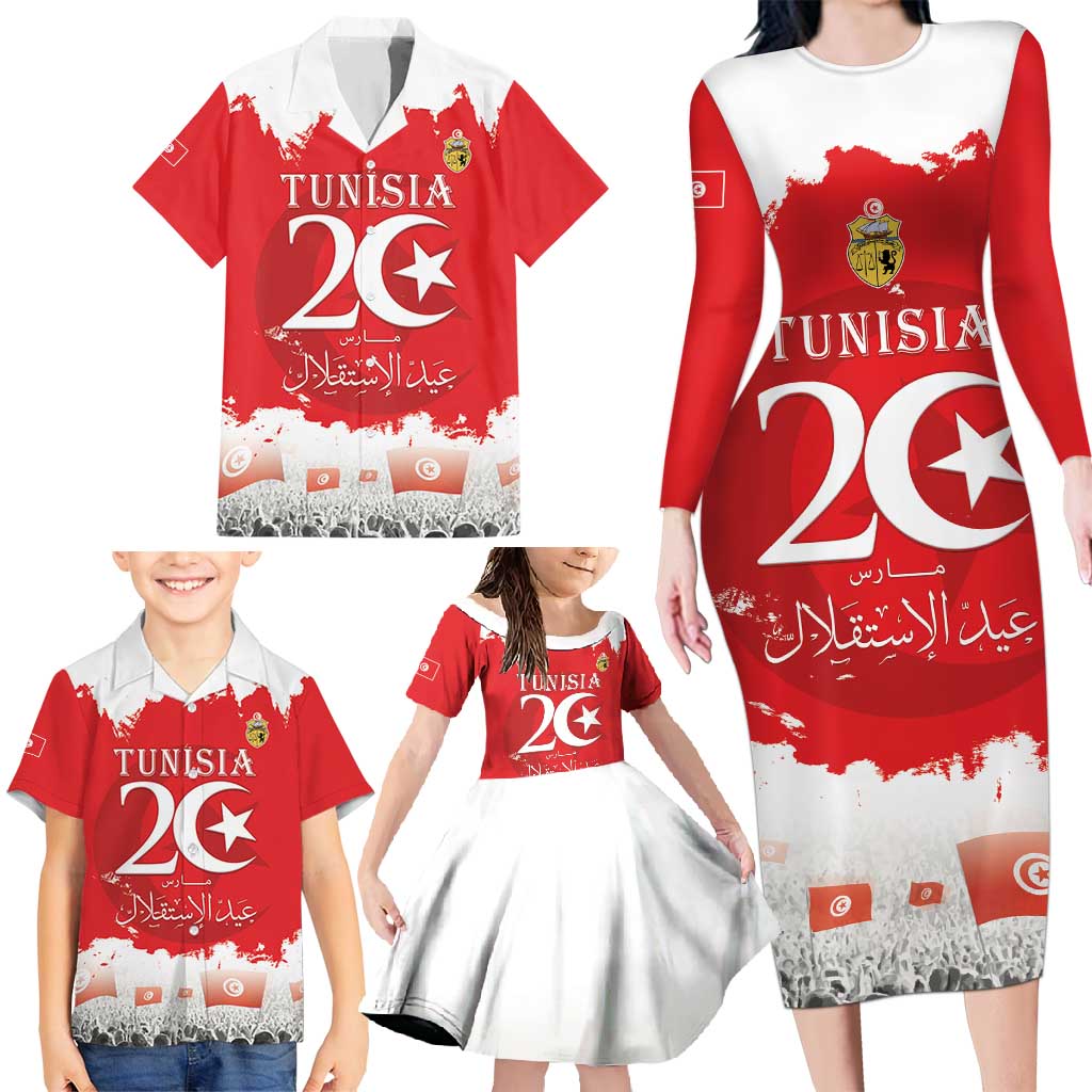 Personalised Tunisia Independence Day Family Matching Long Sleeve Bodycon Dress and Hawaiian Shirt 69th Anniversary - Flag Map