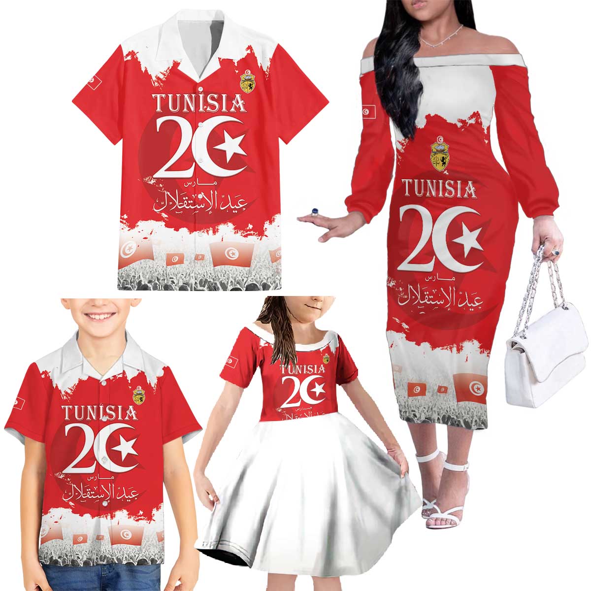 Personalised Tunisia Independence Day Family Matching Off The Shoulder Long Sleeve Dress and Hawaiian Shirt 69th Anniversary - Flag Map
