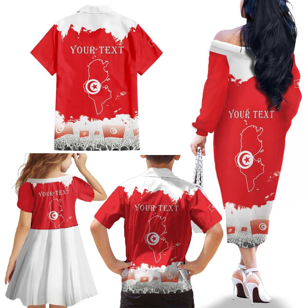 Personalised Tunisia Independence Day Family Matching Off The Shoulder Long Sleeve Dress and Hawaiian Shirt 69th Anniversary - Flag Map