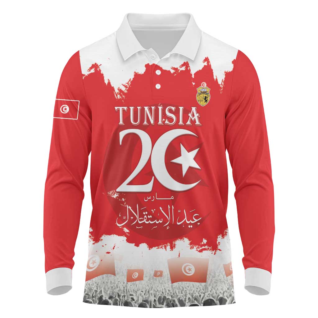 Personalised Tunisia Independence Day Long Sleeve Polo Shirt 69th Anniversary - Flag Map