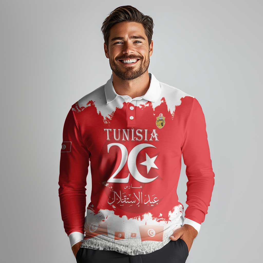 Personalised Tunisia Independence Day Long Sleeve Polo Shirt 69th Anniversary - Flag Map