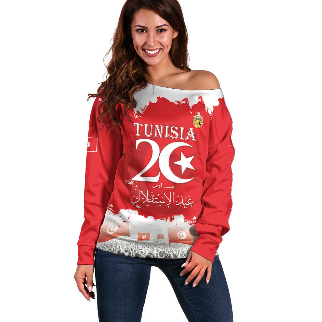 Personalised Tunisia Independence Day Off Shoulder Sweater 69th Anniversary - Flag Map