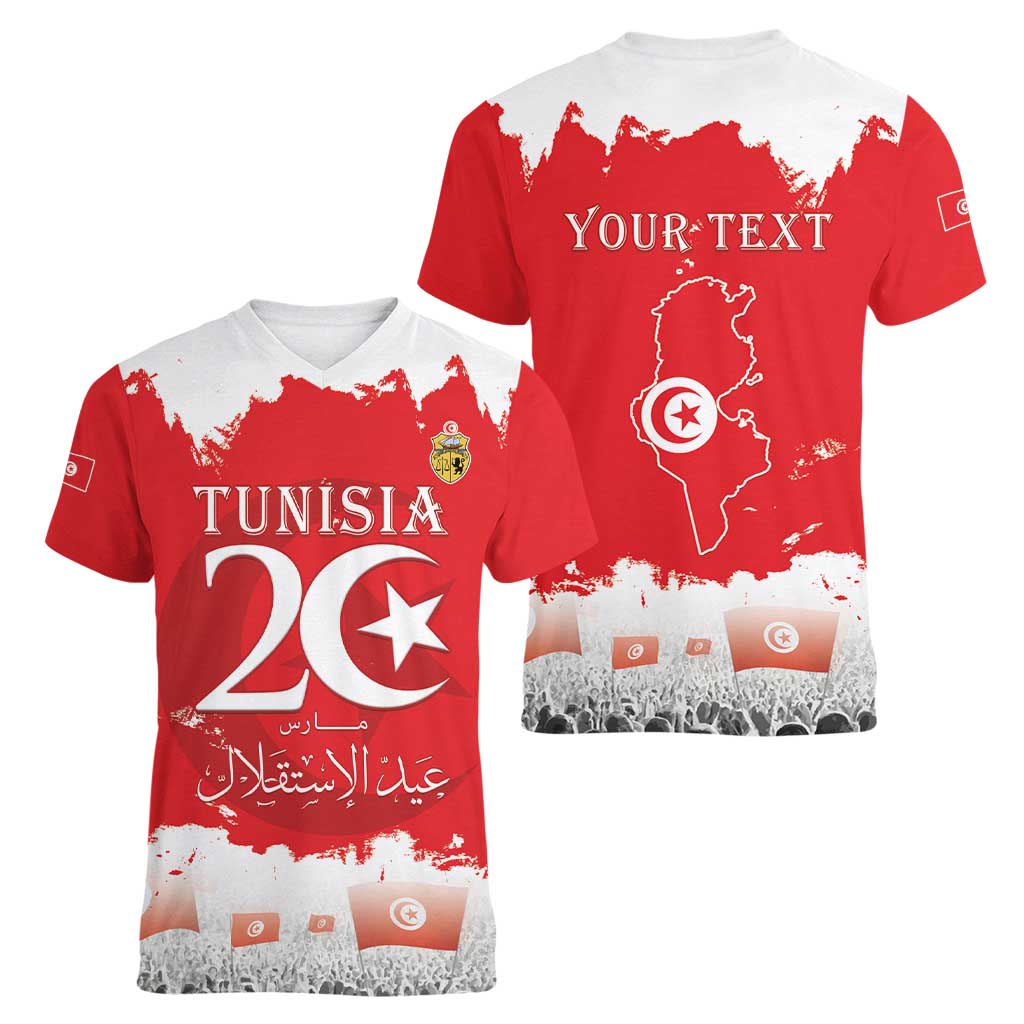 Personalised Tunisia Independence Day Women V-Neck T-Shirt 69th Anniversary - Flag Map - Wonder Print Shop