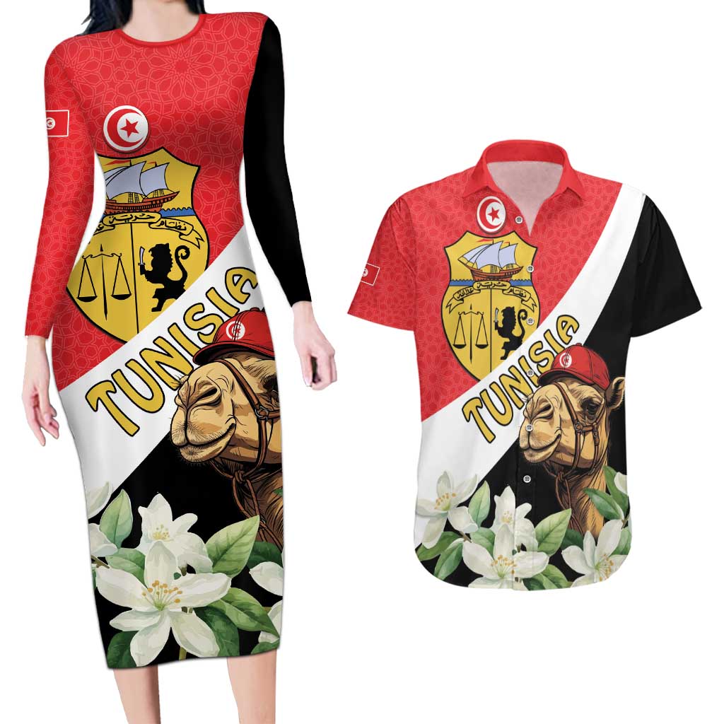 Personalised Tunisia Couples Matching Long Sleeve Bodycon Dress and Hawaiian Shirt Camelus Dromedarius With Jasmine