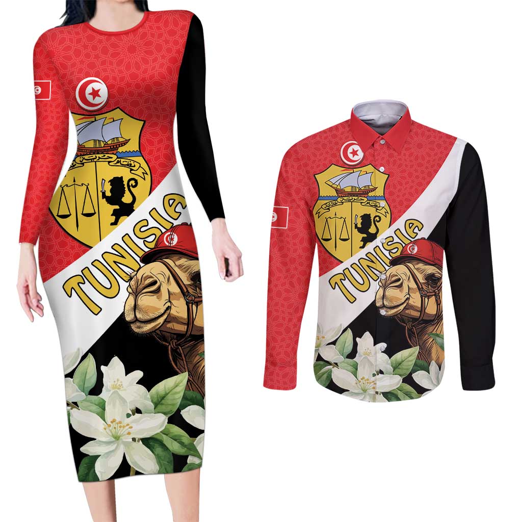 Personalised Tunisia Couples Matching Long Sleeve Bodycon Dress and Long Sleeve Button Shirt Camelus Dromedarius With Jasmine