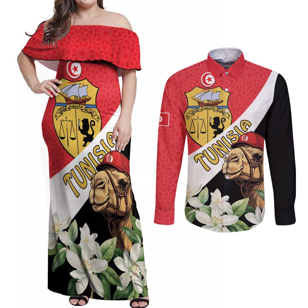 Personalised Tunisia Couples Matching Off Shoulder Maxi Dress and Long Sleeve Button Shirt Camelus Dromedarius With Jasmine