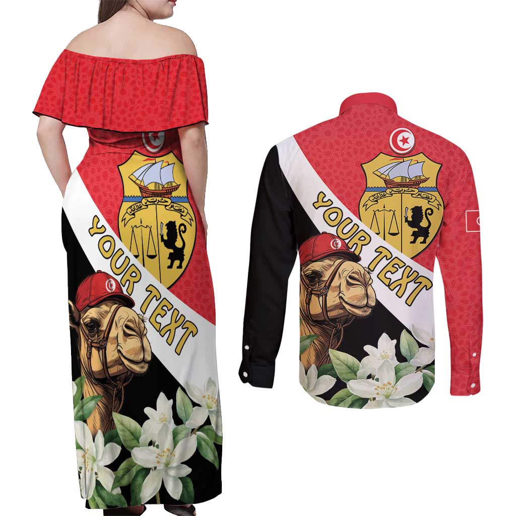 Personalised Tunisia Couples Matching Off Shoulder Maxi Dress and Long Sleeve Button Shirt Camelus Dromedarius With Jasmine