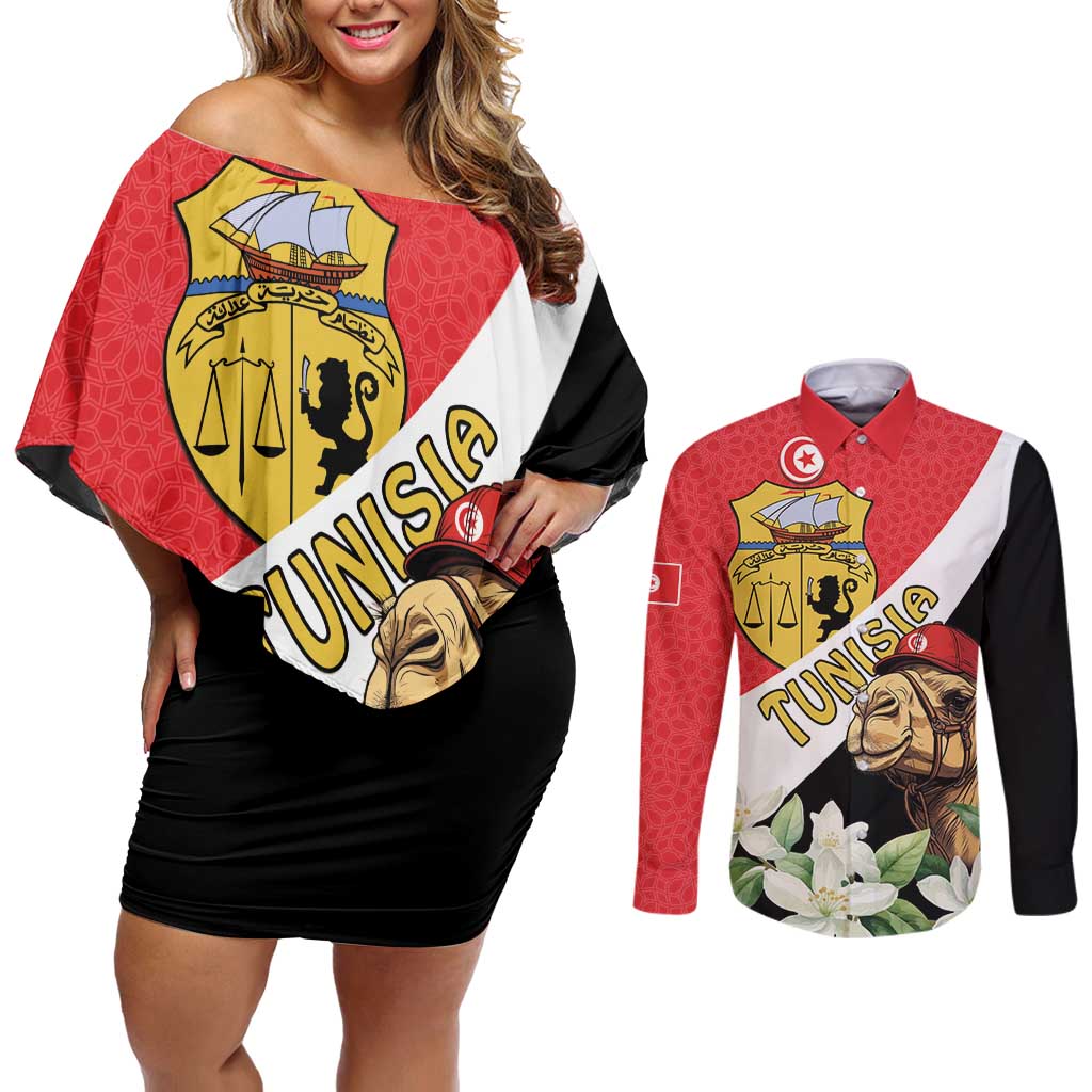 Personalised Tunisia Couples Matching Off Shoulder Short Dress and Long Sleeve Button Shirt Camelus Dromedarius With Jasmine
