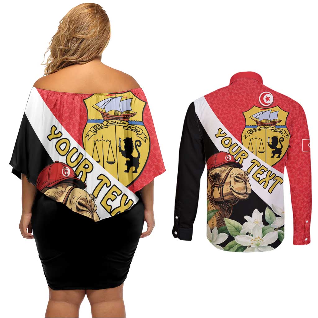 Personalised Tunisia Couples Matching Off Shoulder Short Dress and Long Sleeve Button Shirt Camelus Dromedarius With Jasmine