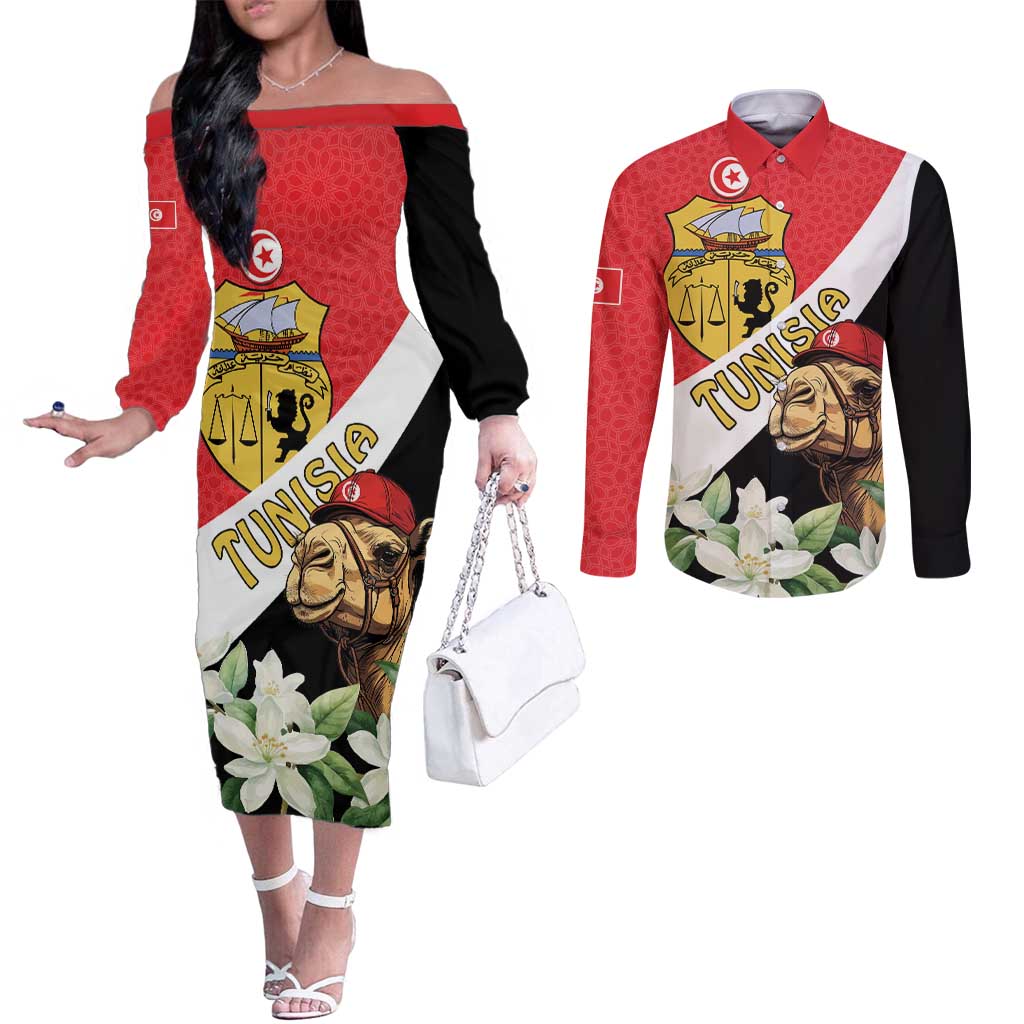 Personalised Tunisia Couples Matching Off The Shoulder Long Sleeve Dress and Long Sleeve Button Shirt Camelus Dromedarius With Jasmine