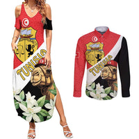 Personalised Tunisia Couples Matching Summer Maxi Dress and Long Sleeve Button Shirt Camelus Dromedarius With Jasmine