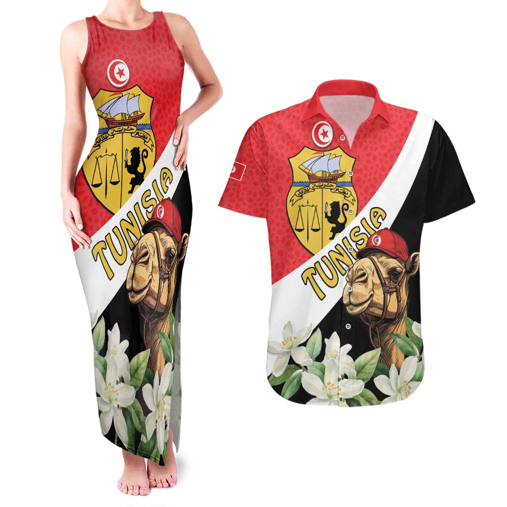 Personalised Tunisia Couples Matching Tank Maxi Dress and Hawaiian Shirt Camelus Dromedarius With Jasmine