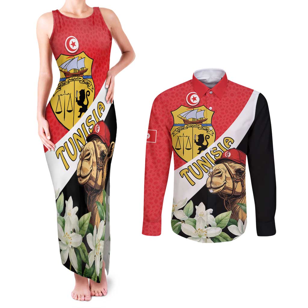 Personalised Tunisia Couples Matching Tank Maxi Dress and Long Sleeve Button Shirt Camelus Dromedarius With Jasmine