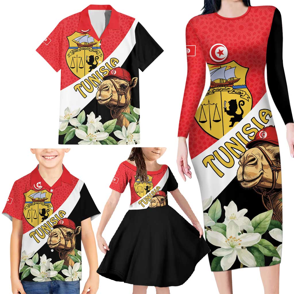 Personalised Tunisia Family Matching Long Sleeve Bodycon Dress and Hawaiian Shirt Camelus Dromedarius With Jasmine