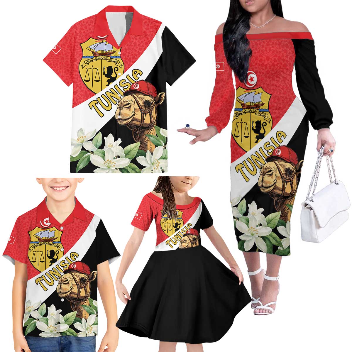 Personalised Tunisia Family Matching Off The Shoulder Long Sleeve Dress and Hawaiian Shirt Camelus Dromedarius With Jasmine