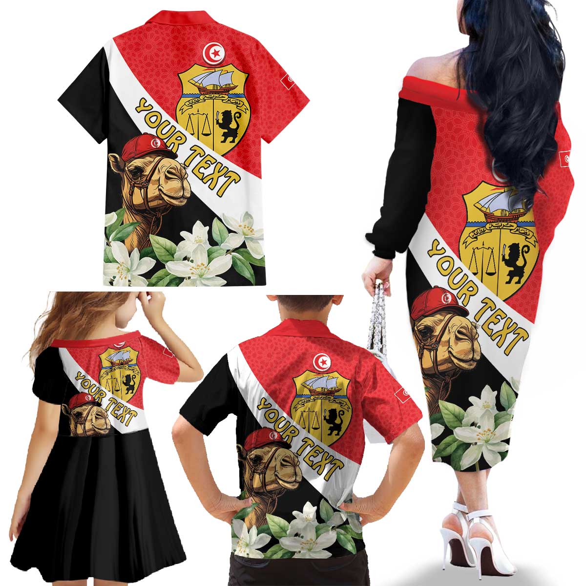 Personalised Tunisia Family Matching Off The Shoulder Long Sleeve Dress and Hawaiian Shirt Camelus Dromedarius With Jasmine