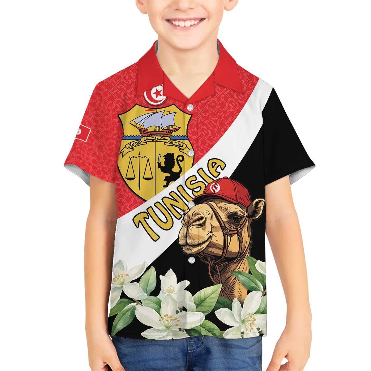 Personalised Tunisia Family Matching Off The Shoulder Long Sleeve Dress and Hawaiian Shirt Camelus Dromedarius With Jasmine