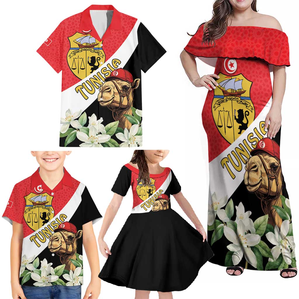 Personalised Tunisia Family Matching Off Shoulder Maxi Dress and Hawaiian Shirt Camelus Dromedarius With Jasmine