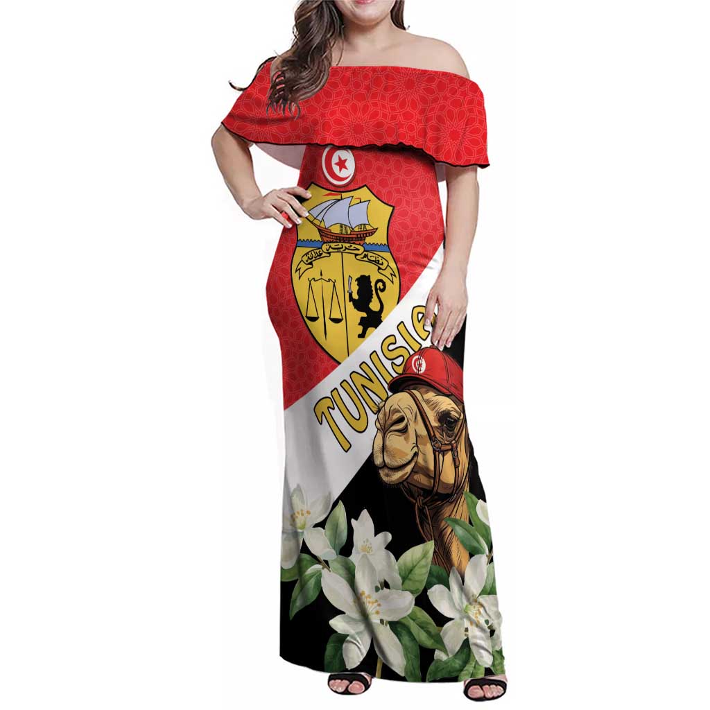 Personalised Tunisia Family Matching Off Shoulder Maxi Dress and Hawaiian Shirt Camelus Dromedarius With Jasmine