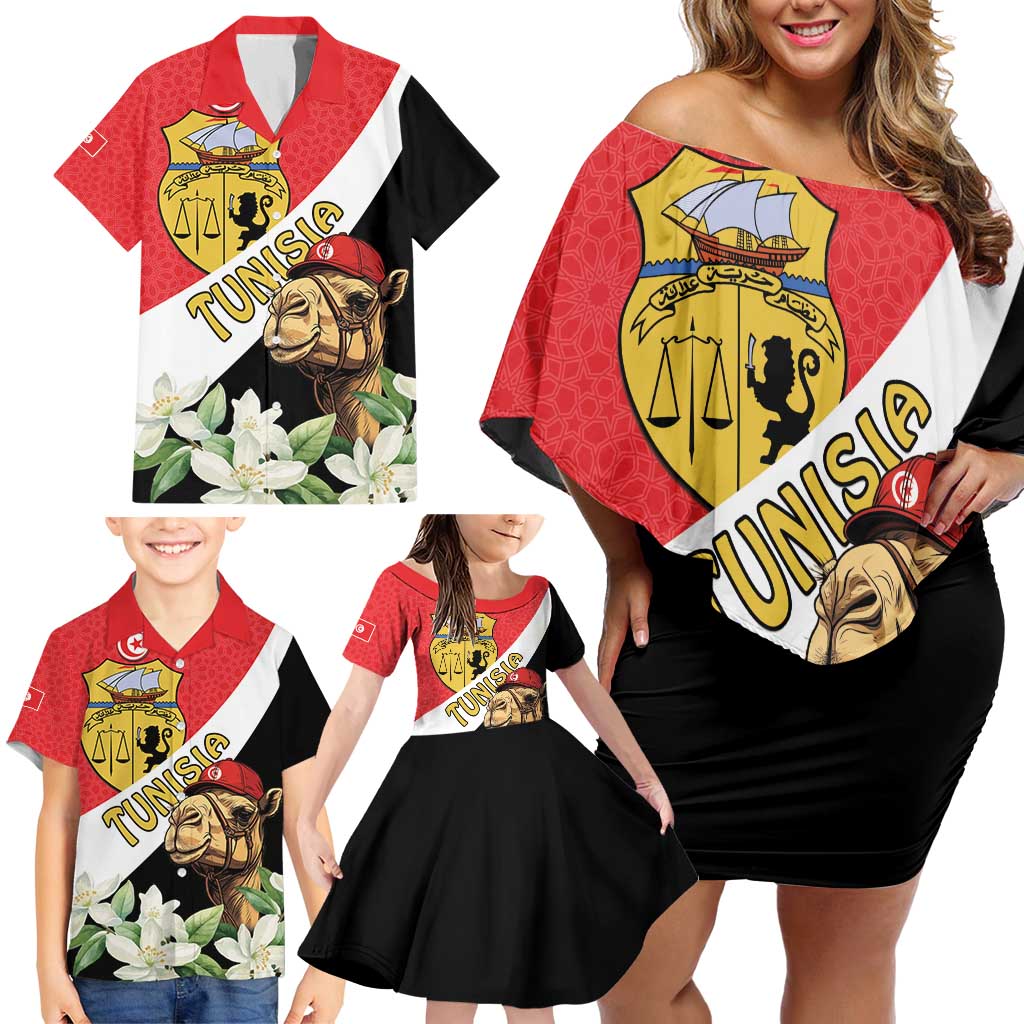 Personalised Tunisia Family Matching Off Shoulder Short Dress and Hawaiian Shirt Camelus Dromedarius With Jasmine