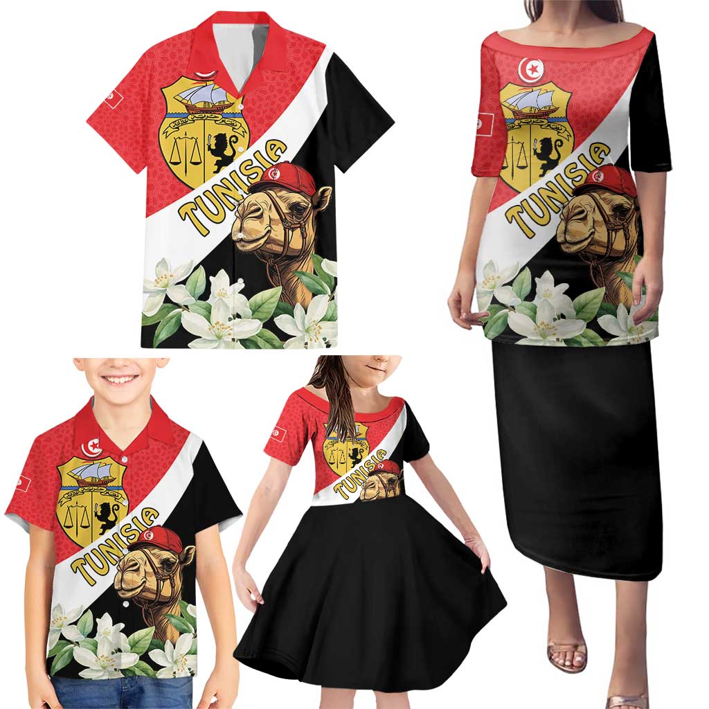 Personalised Tunisia Family Matching Puletasi and Hawaiian Shirt Camelus Dromedarius With Jasmine