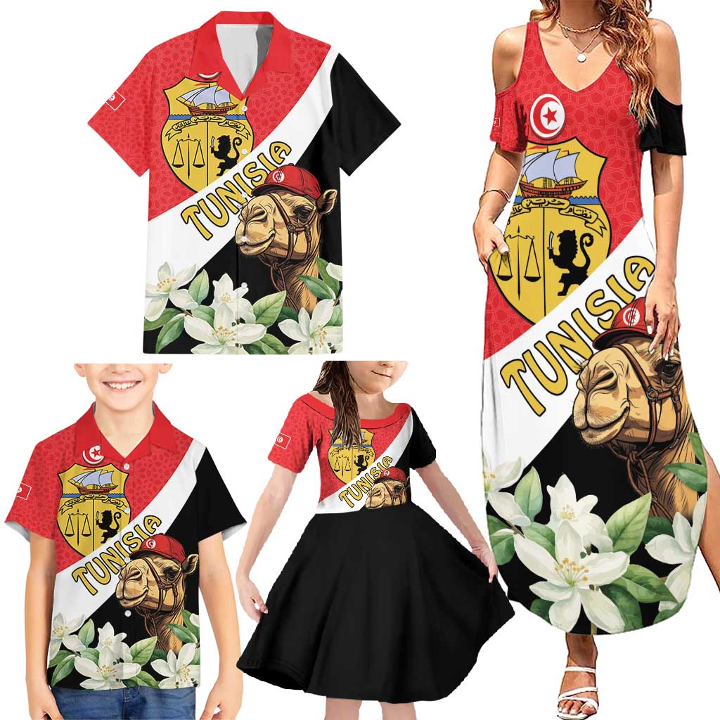 Personalised Tunisia Family Matching Summer Maxi Dress and Hawaiian Shirt Camelus Dromedarius With Jasmine