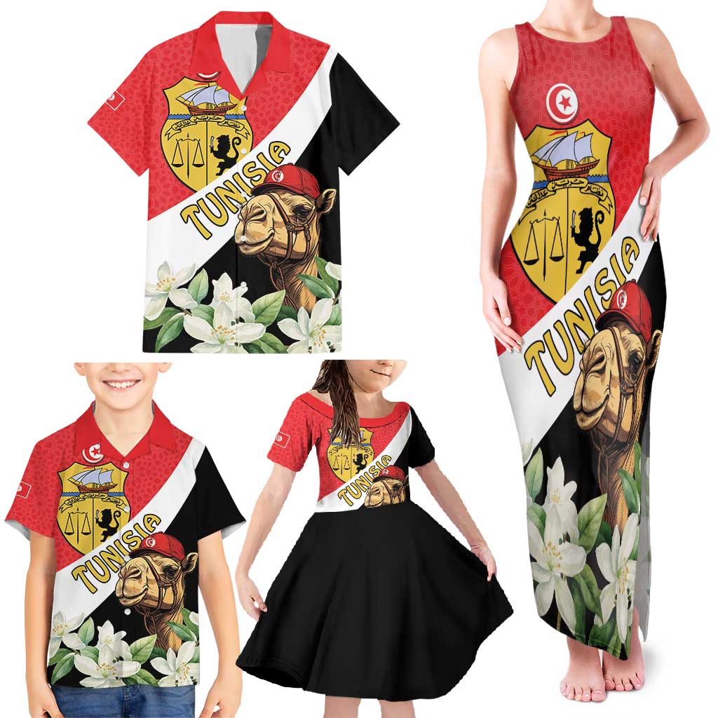 Personalised Tunisia Family Matching Tank Maxi Dress and Hawaiian Shirt Camelus Dromedarius With Jasmine