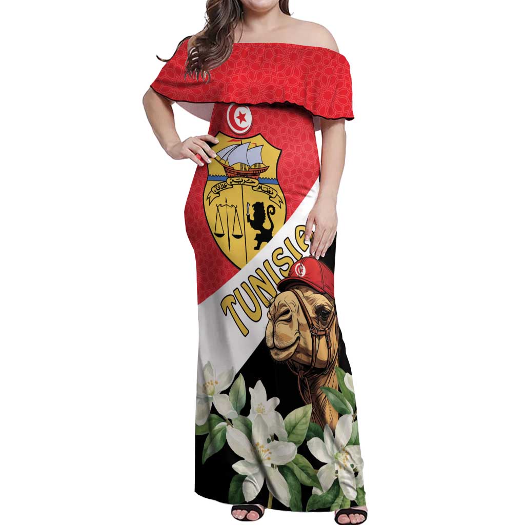 Personalised Tunisia Off Shoulder Maxi Dress Camelus Dromedarius With Jasmine