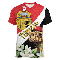 Personalised Tunisia Women V-Neck T-Shirt Camelus Dromedarius With Jasmine - Wonder Print Shop