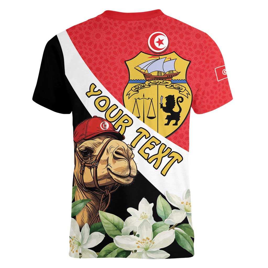 Personalised Tunisia Women V-Neck T-Shirt Camelus Dromedarius With Jasmine - Wonder Print Shop