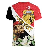Personalised Tunisia Women V-Neck T-Shirt Camelus Dromedarius With Jasmine - Wonder Print Shop
