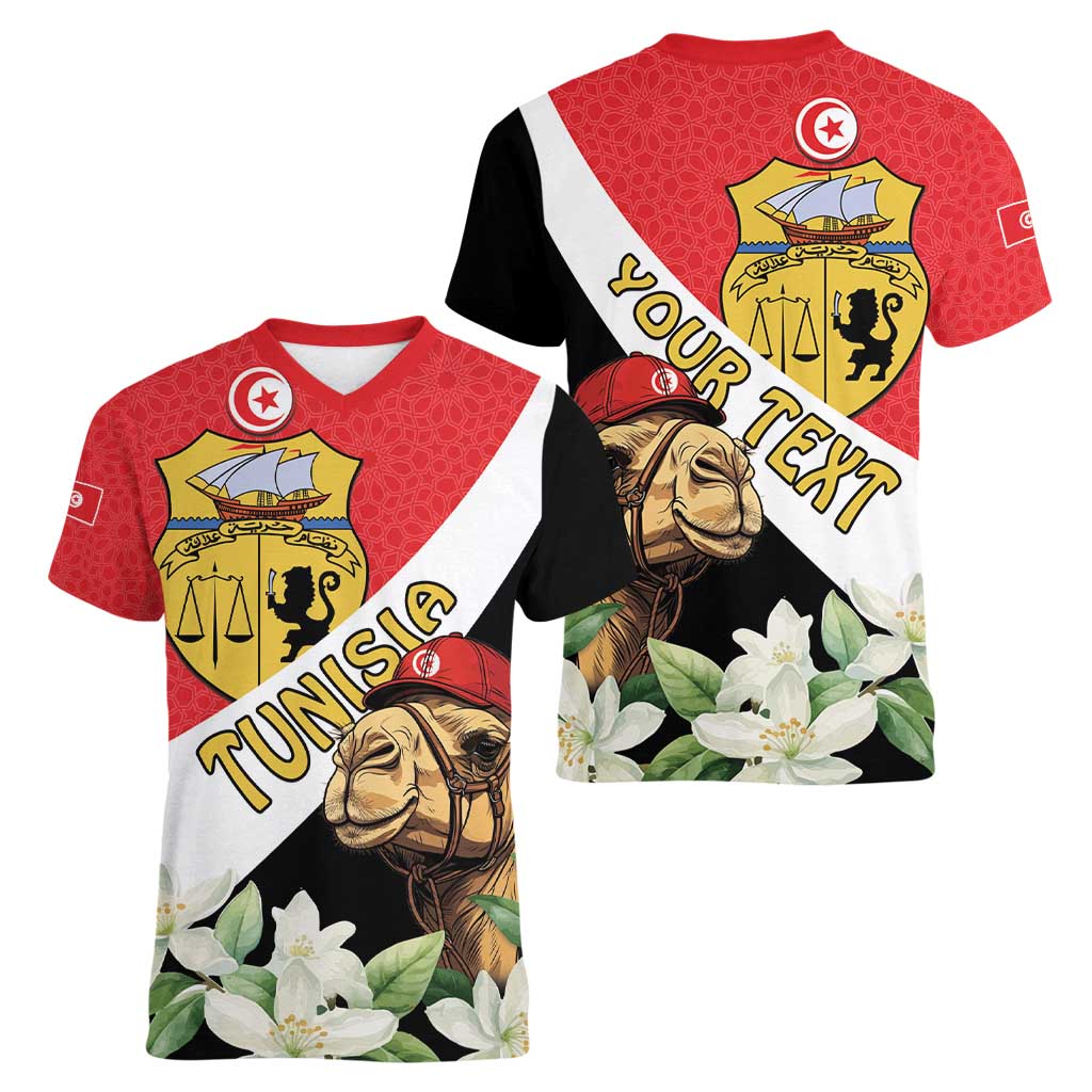 Personalised Tunisia Women V-Neck T-Shirt Camelus Dromedarius With Jasmine - Wonder Print Shop
