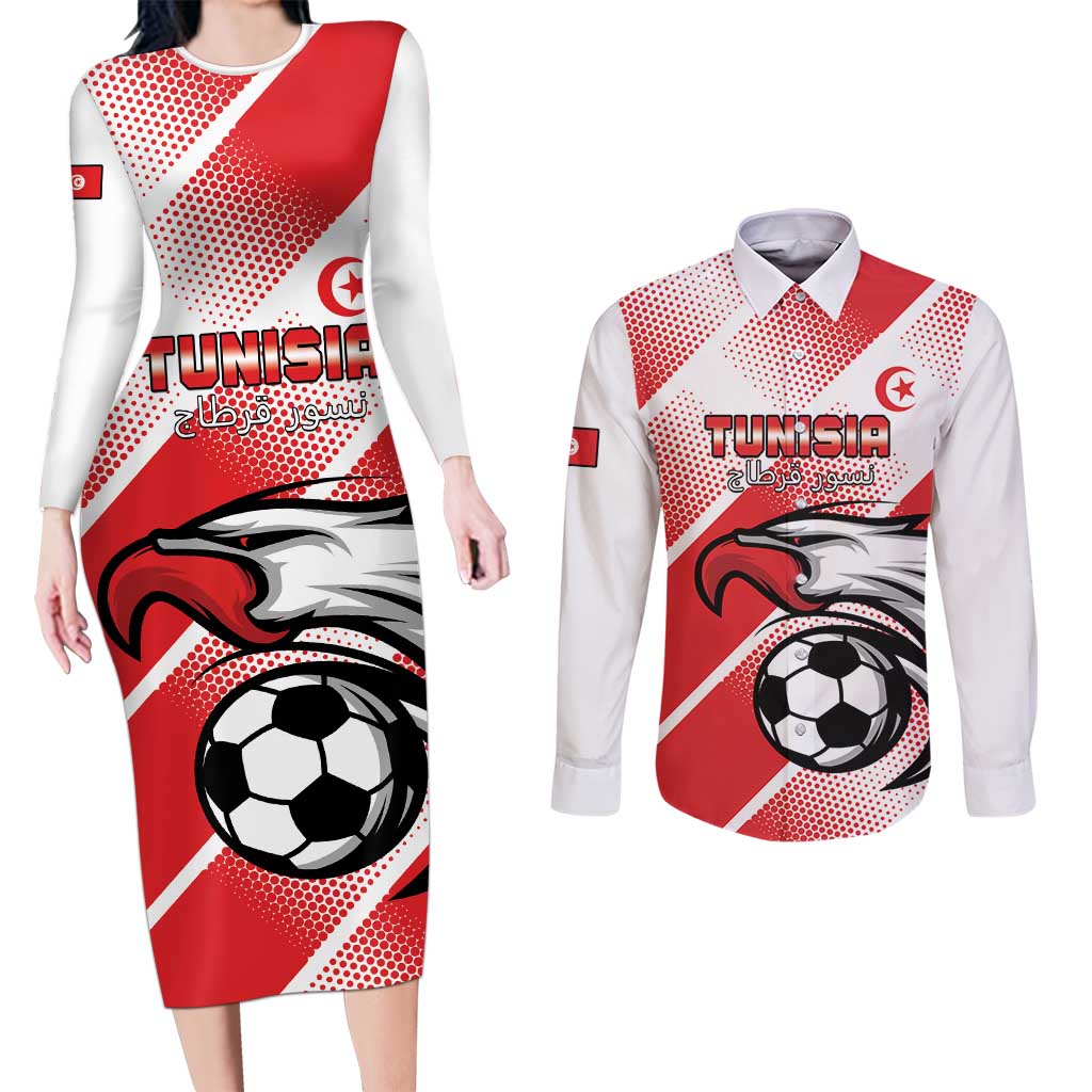 Custom Tunisia Football Couples Matching Long Sleeve Bodycon Dress and Long Sleeve Button Shirt Eagle Mascot - Sporty Style