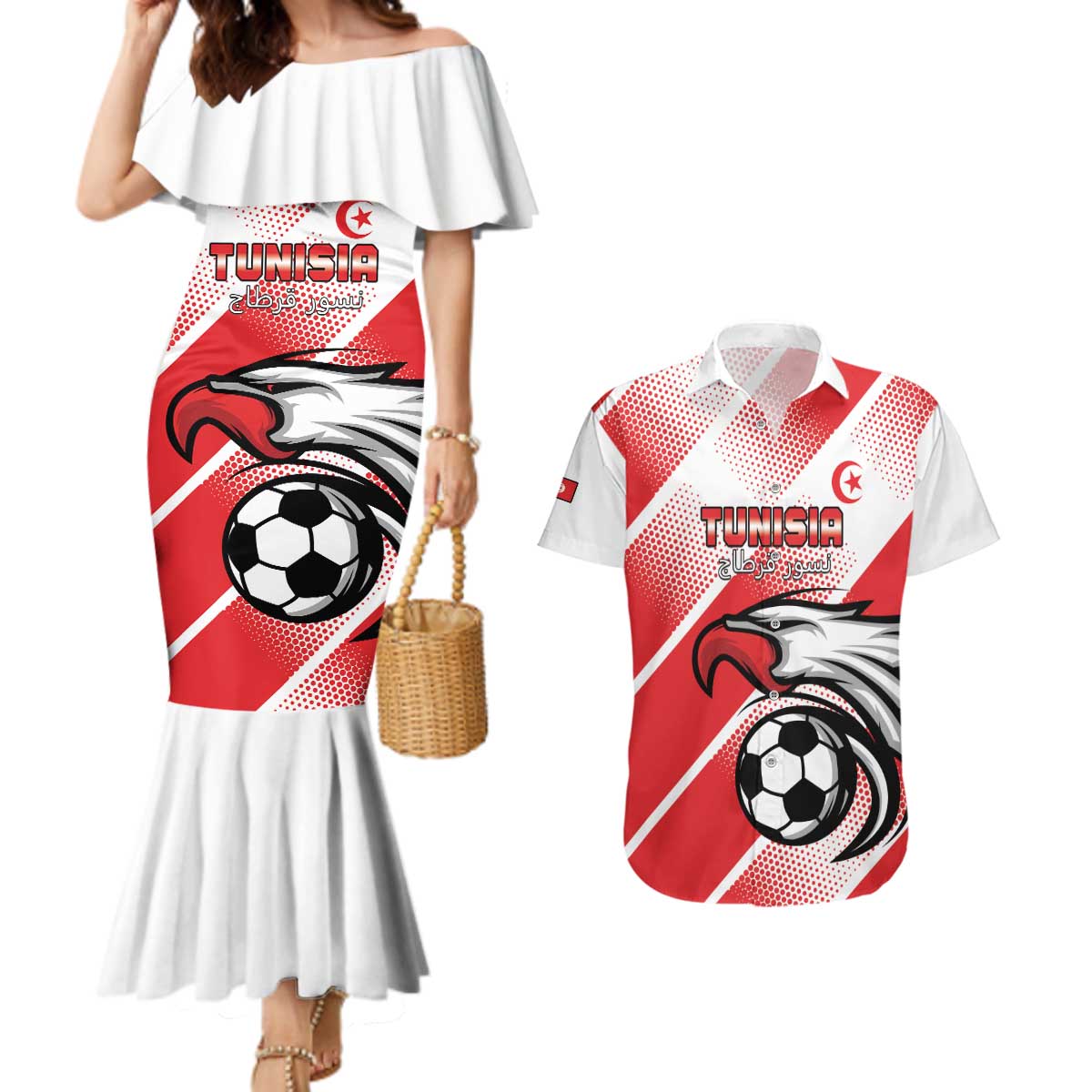 Custom Tunisia Football Couples Matching Mermaid Dress and Hawaiian Shirt Eagle Mascot - Sporty Style