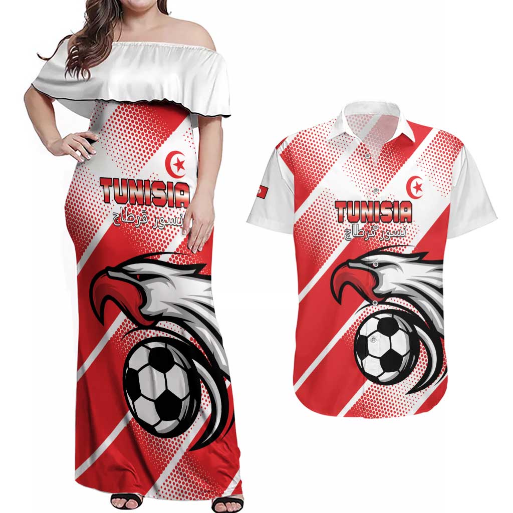 Custom Tunisia Football Couples Matching Off Shoulder Maxi Dress and Hawaiian Shirt Eagle Mascot - Sporty Style