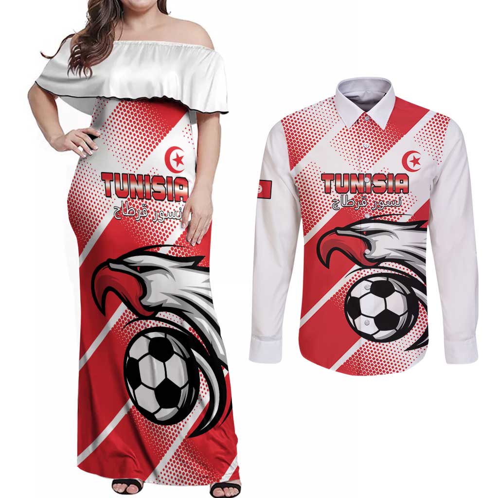 Custom Tunisia Football Couples Matching Off Shoulder Maxi Dress and Long Sleeve Button Shirt Eagle Mascot - Sporty Style