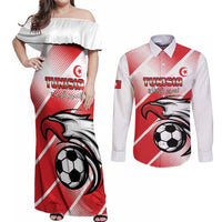 Custom Tunisia Football Couples Matching Off Shoulder Maxi Dress and Long Sleeve Button Shirt Eagle Mascot - Sporty Style