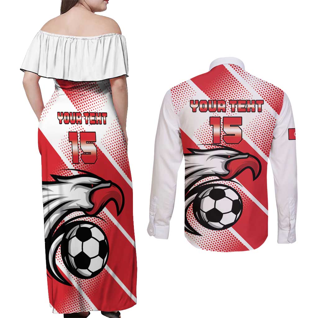 Custom Tunisia Football Couples Matching Off Shoulder Maxi Dress and Long Sleeve Button Shirt Eagle Mascot - Sporty Style