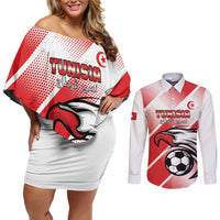 Custom Tunisia Football Couples Matching Off Shoulder Short Dress and Long Sleeve Button Shirt Eagle Mascot - Sporty Style