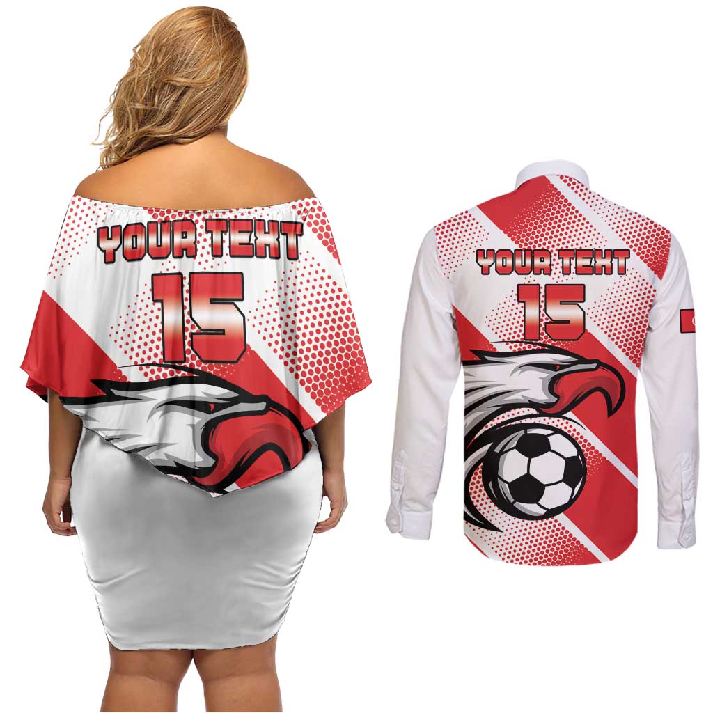 Custom Tunisia Football Couples Matching Off Shoulder Short Dress and Long Sleeve Button Shirt Eagle Mascot - Sporty Style
