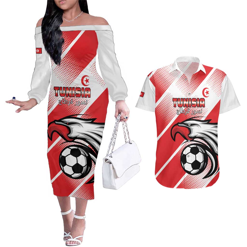 Custom Tunisia Football Couples Matching Off The Shoulder Long Sleeve Dress and Hawaiian Shirt Eagle Mascot - Sporty Style